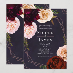 Plum Purple Rose Gold Modern Rustic Floral Wedding Invitation
