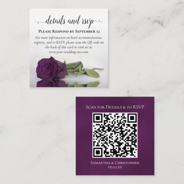 Plum Purple Rose Wedding Details & RSVP QR Code Enclosure Card (Front/Back)