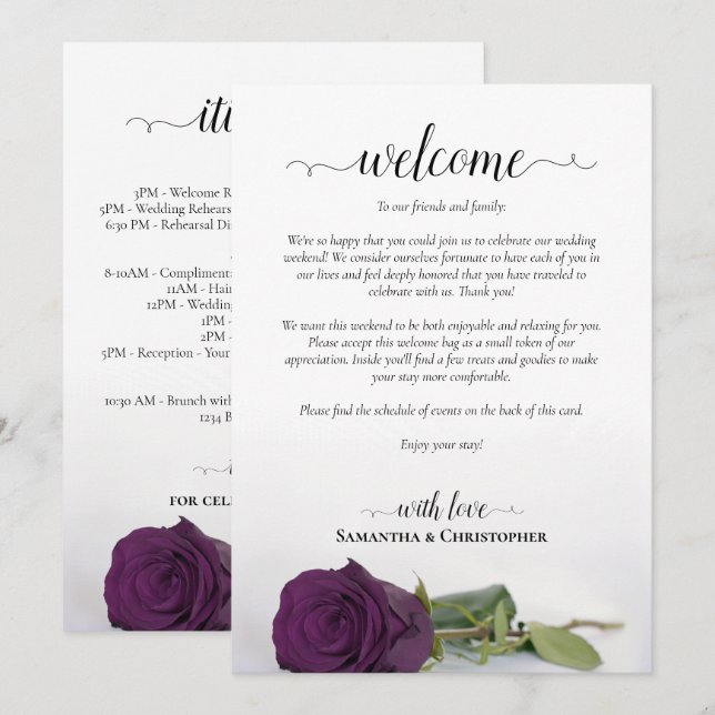 Plum Purple Rose Wedding Welcome & Itinerary Program (Front/Back)