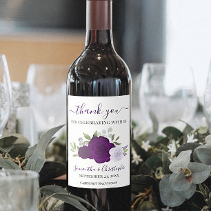 Plum Purple Roses Elegant Wedding Thank You Wine Label