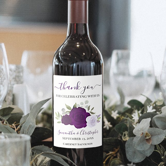 Plum Purple Roses Elegant Wedding Thank You Wine Label (Creator Uploaded)