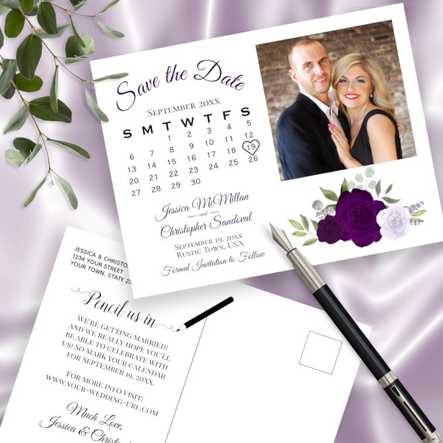 Plum Purple Roses Photo & Calendar Save the Date Announcement Postcard (Front and Back)