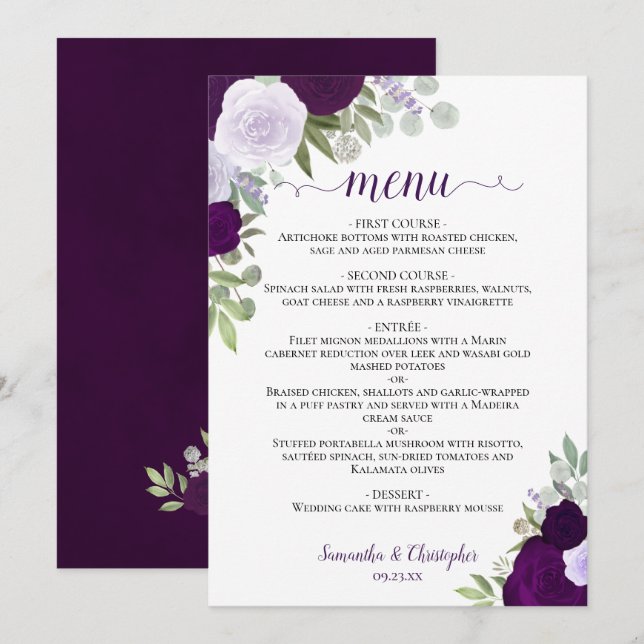Plum Purple Rustic Boho Floral Elegant Wedding Menu (Front/Back)