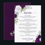 Plum Purple Rustic Boho Floral Elegant Wedding Menu<br><div class="desc">This beautiful wedding menu features a rustic boho chic floral design with script calligraphy lettering and hand painted watercolor roses in shades of plum, dusty purple, and lavender. The text is completely customisable with space for the couple's name & wedding date. Elegant, stylish, and chic, this card is a great...</div>