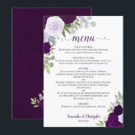 Plum Purple Rustic Boho Floral Elegant Wedding Menu<br><div class="desc">This beautiful wedding menu features a rustic boho chic floral design with script calligraphy lettering and hand painted watercolor roses in shades of plum, dusty purple, and lavender. The text is completely customisable with space for the couple's name & wedding date. Elegant, stylish, and chic, this card is a great...</div>