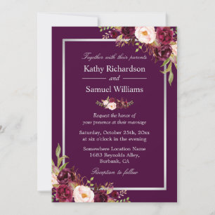 Plum Purple Rustic Floral Silver Grey Fall Wedding Invitation