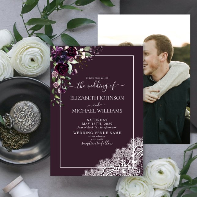 Plum Purple Rustic Script Lace Photo Wedding Invitation (Creator Uploaded)