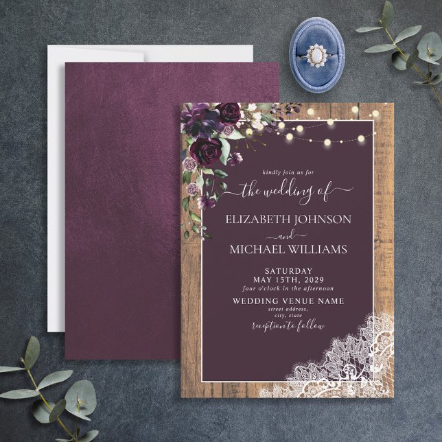 Plum Purple Rustic Wood Lace Script Wedding Invitation (Creator Uploaded)