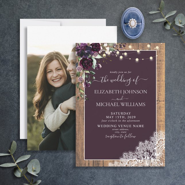Plum Purple Rustic Wood Script Lace Photo Wedding Invitation (Creator Uploaded)