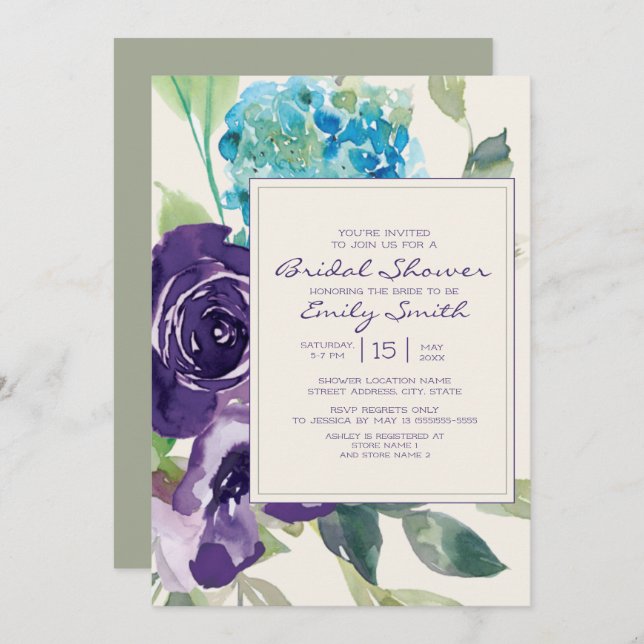 Plum Purple Sage Watercolor Floral Bridal Shower Invitation (Front/Back)