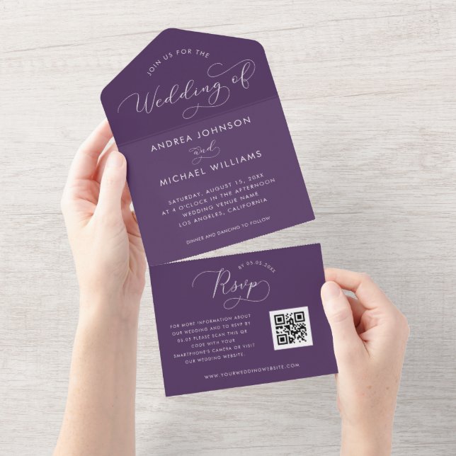 Plum Purple | Script Fall Autumn QR Code Wedding All In One Invitation (Tearaway)