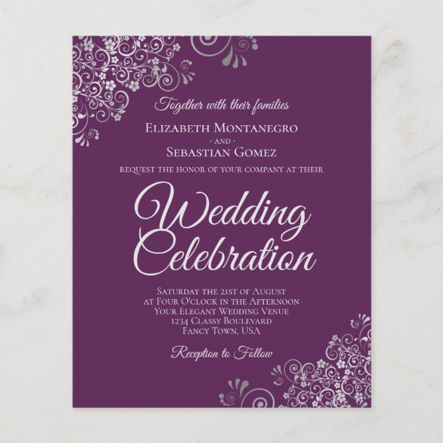 Plum Purple & Silver BUDGET Wedding Invitation (Front)