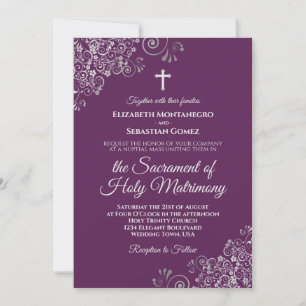 Plum Purple & Silver Chic Modern Catholic Wedding Invitation