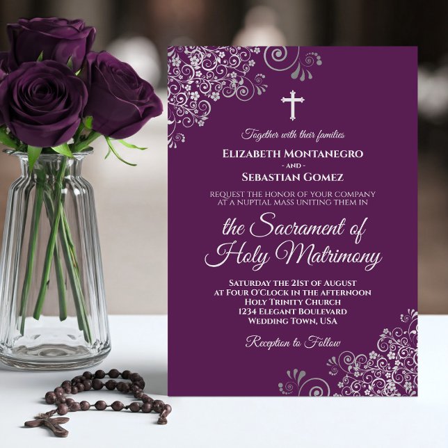 Plum Purple & Silver Chic Modern Catholic Wedding Invitation (Creator Uploaded)