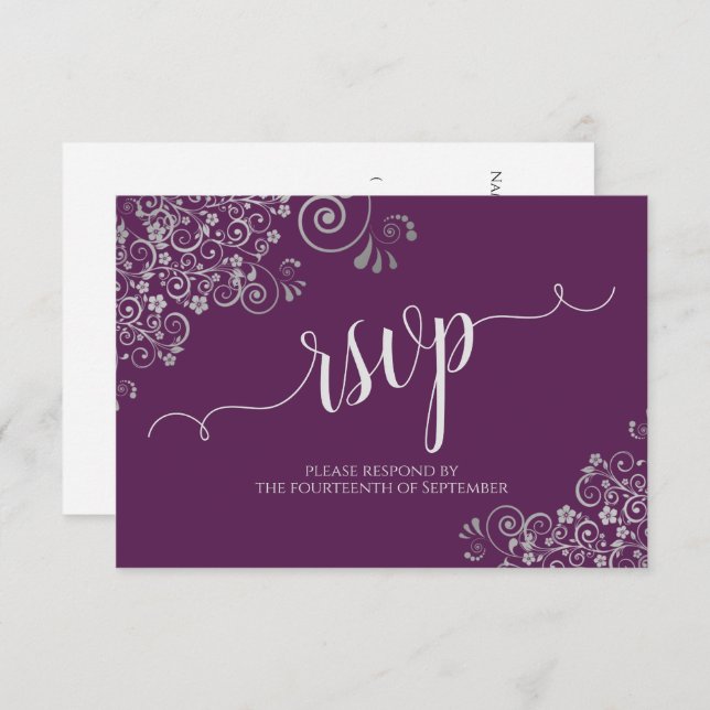 Plum Purple & Silver Elegant Calligraphy Wedding RSVP Card (Front/Back)
