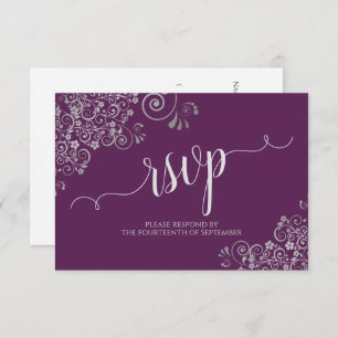 Plum Purple & Silver Elegant Calligraphy Wedding RSVP Card