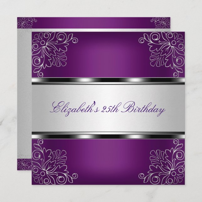 Plum Purple Silver Floral 25th Birthday Party Invitation (Front/Back)