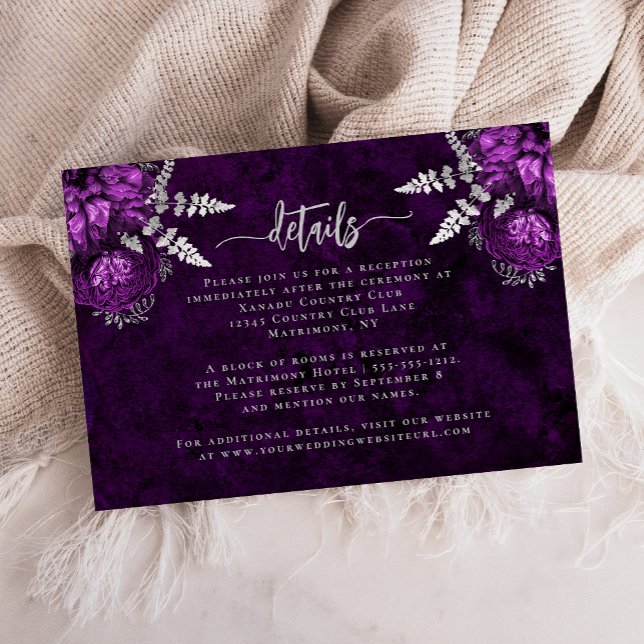 Plum Purple Silver Floral Script Wedding Details Enclosure Card (Creator Uploaded)