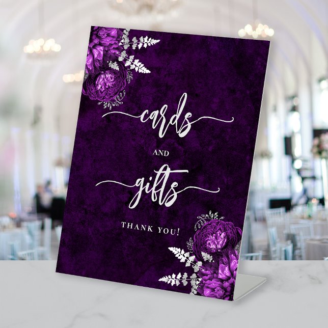Plum Purple Silver Floral Wedding Cards Gifts Pedestal Sign (Creator Uploaded)