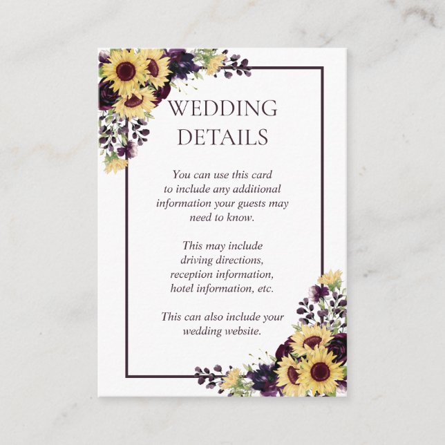 Plum Purple Sunflower Watercolor Details Enclosure Card (Front)