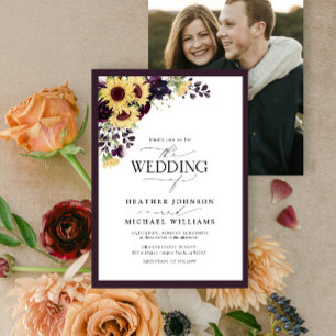 Plum Purple Sunflower Watercolor Photo Wedding Invitation
