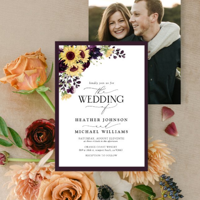 Plum Purple Sunflower Watercolor Photo Wedding Invitation (Creator Uploaded)