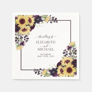 Plum Purple Sunflower Watercolor Wedding Napkins