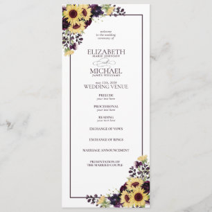 Plum Purple Sunflower Watercolor Wedding Program