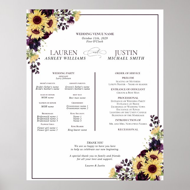 Plum Purple Sunflower Watercolor Wedding Program Poster (Front)