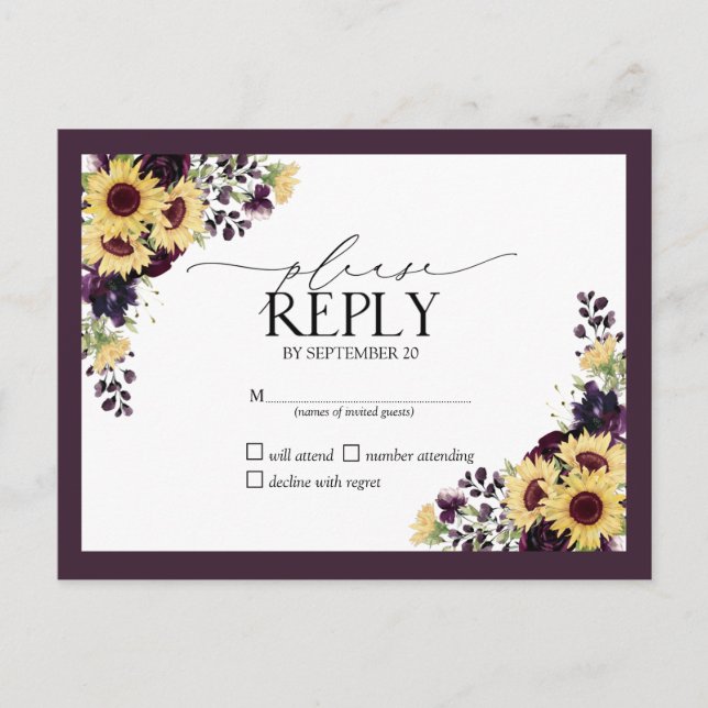 Plum Purple Sunflower Watercolor Wedding RSVP Invitation Postcard (Front)