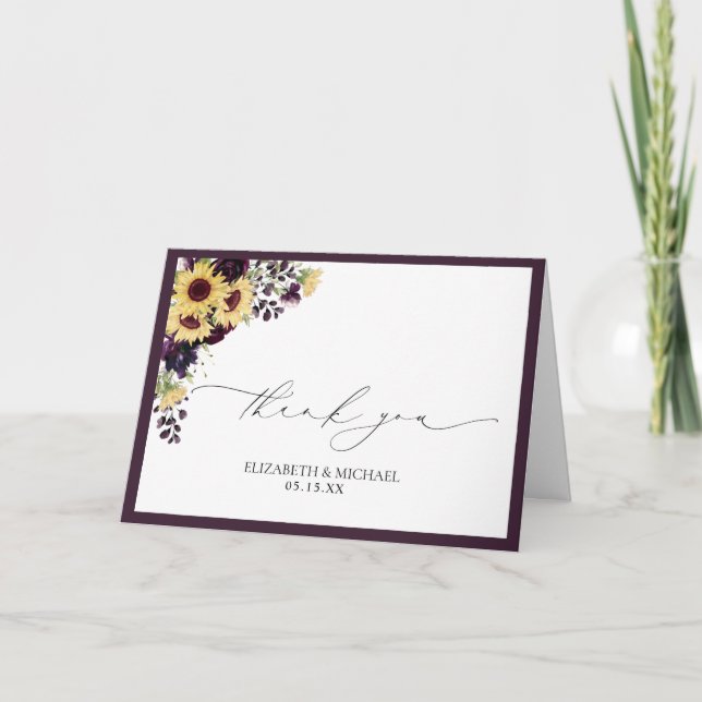 Plum Purple Sunflower Wedding Thankyou Card (Front)