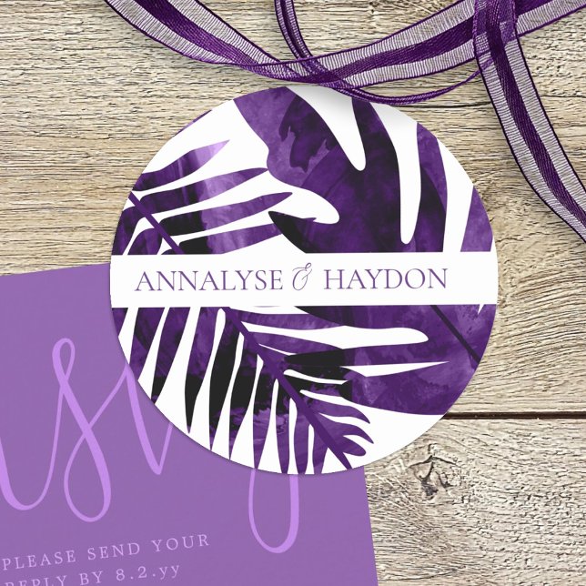 Plum Purple Tropical Island Leaves Wedding Classic Round Sticker (tropical plum purple island palm leaves, monstera, ferns beach wedding sticker)