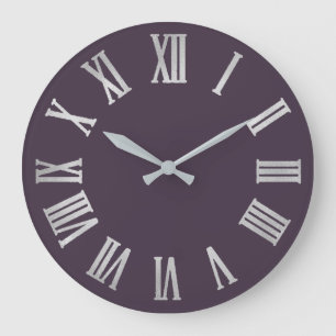 Plum Purple Violet Silver Grey Roman Number Large Clock
