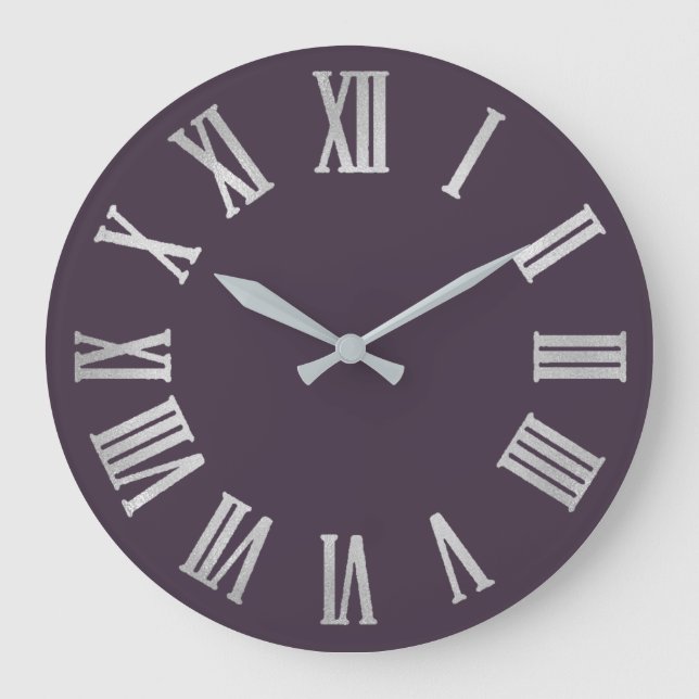 Plum Purple Violet Silver Grey Roman Number Large Clock (Front)