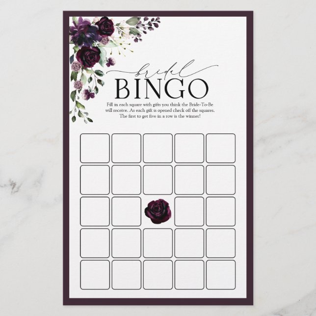 Plum Purple Watercolor Bridal Bingo Game (Front)
