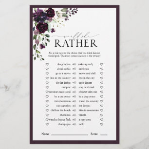 Plum Purple Watercolor Floral Bridal Shower Game