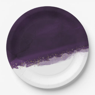 Plum Purple Watercolor & Gold Modern Chic Elegant Paper Plate