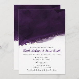 Plum Purple Watercolor & Gold Modern Chic Wedding Invitation