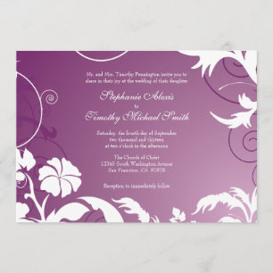 Plum purple white floral swirls wedding invitation