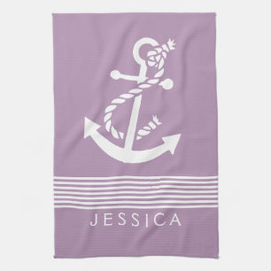 Plum Purple & White Stripes With Nautical Anchor Tea Towel