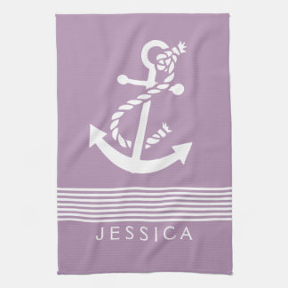 Plum Purple & White Stripes With Nautical Anchor Tea Towel