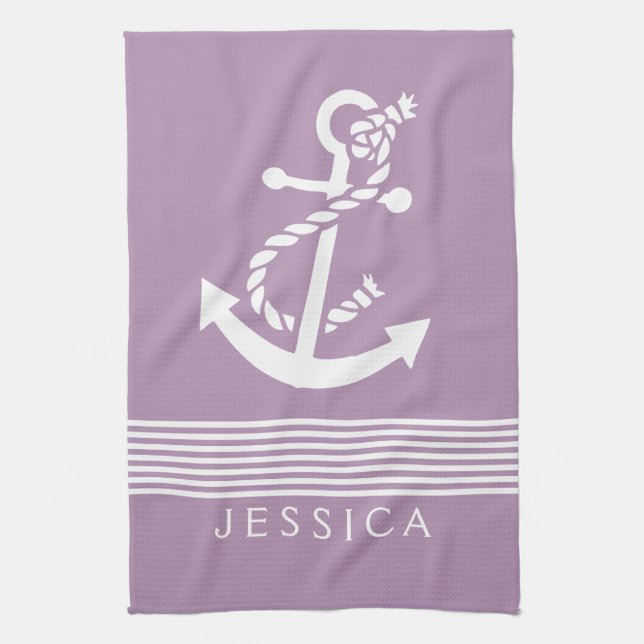 Plum Purple & White Stripes With Nautical Anchor Tea Towel (Vertical)
