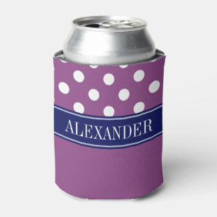 Plum Purple Wht LG Polka Dot CB Navy Name Monogram Can Cooler