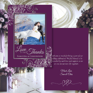 Plum Purple with Silver Curls Photo & Note Wedding Thank You Card