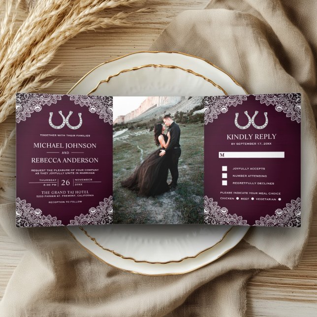 Plum Purple Wood Horseshoes Lace Wedding Photo Tri-Fold Invitation (Creator Uploaded)