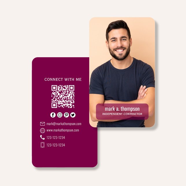 Plum QR Code Photo Connect Modern Minimal Business Card (Plum purple QR code business card with photo and modern minimalist layout)