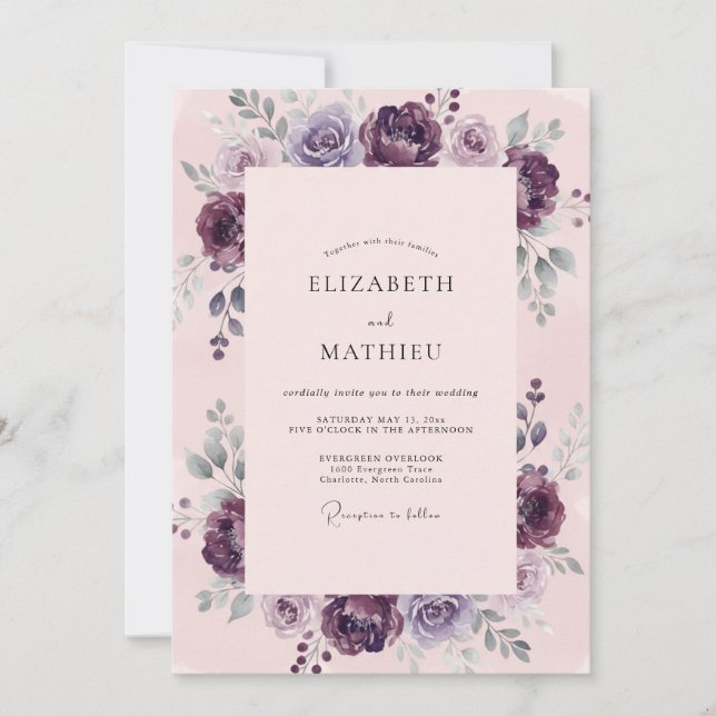 Plum Ranunculus Eucalyptus Wedding Invitation (Front)