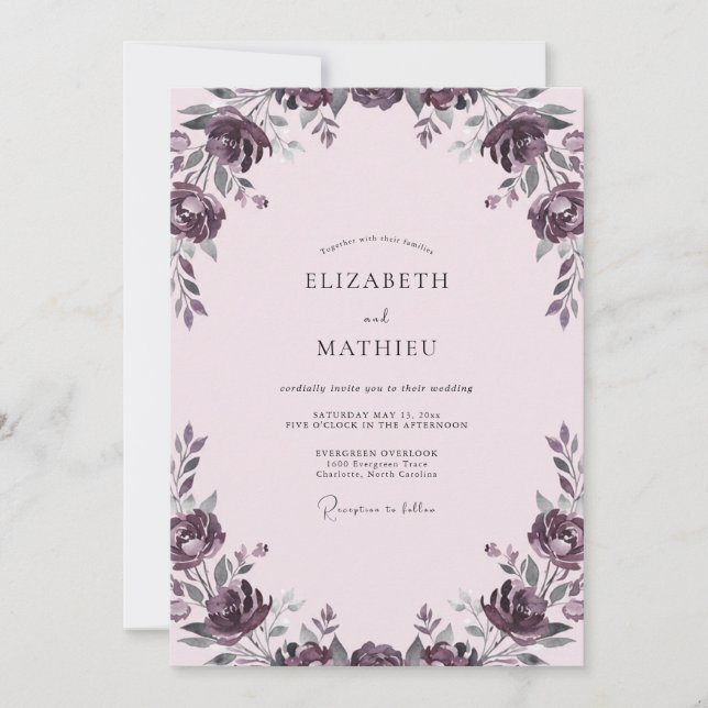 Plum Ranunculus Foliage Soft Eucalyptus Wedding Invitation (Front)