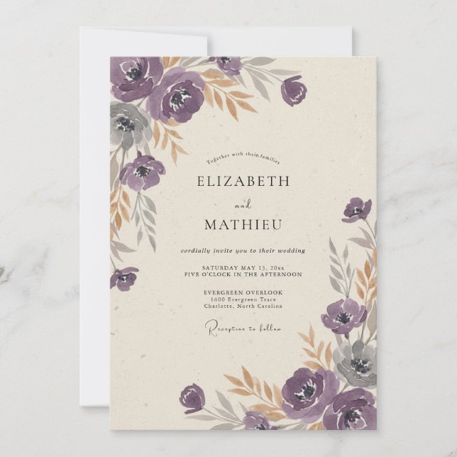 Plum Ranunculus Gold Muted Eucalyptus Wedding Invitation (Front)