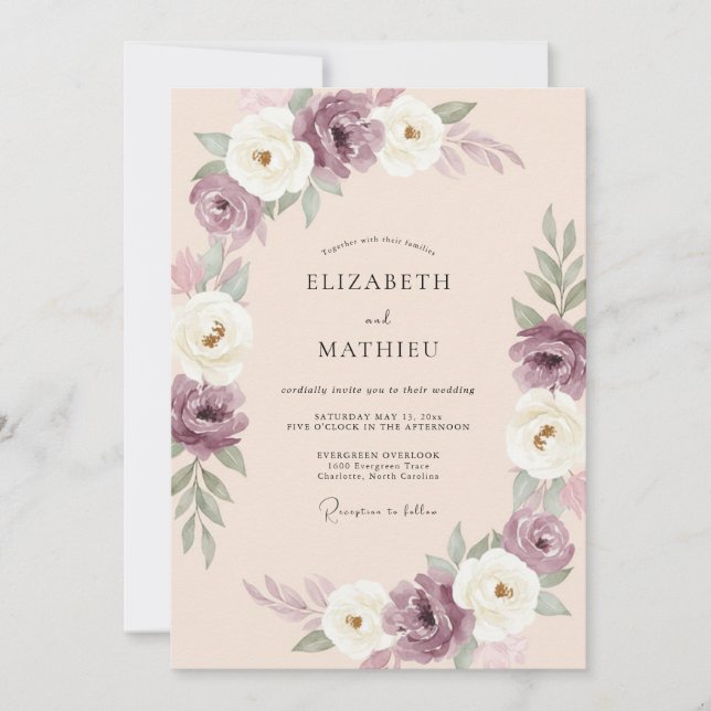 Plum Ranunculus Soft Cream Eucalyptus Wedding Invitation (Front)